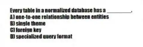Every table in a normalized database has a ________.
A) one-to-one relationship between entities
B) single theme
C) foreign key
D) specialized query format