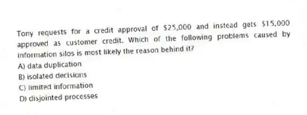 Tony requests for a credit approval of $25,000 and instead gets $15,000 approved as customer credit. Which of the following problems caused by information silos is most likely the reason behind it?
A) data duplication
B) isolated decisions
C) limited information
D) disjointed processes