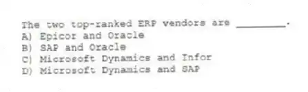 The two top-ranked ERP vendors are ________.
A) Epicor and Oracle
B) SAP and Oracle
C) Microsoft Dynamics and Infor
D) Microsoft Dynamics and SAP
