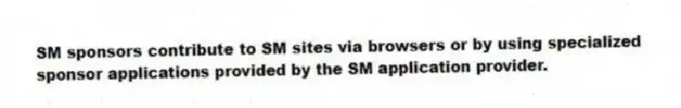 SM sponsors contribute to SM sites via browsers or by using specialized sponsor applications provided by the SM application provider.