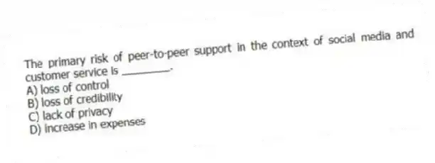 The primary risk of peer-to-peer support in the context of social media and customer service is ________.
A) loss of control
B) loss of credibility
C) lack of privacy
D) increase in expenses