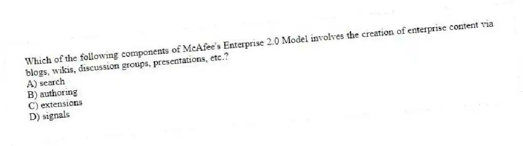 Which of the following components of McAfee's Enterprise 2.0 Model involves the creation of enterprise content via blogs, wikis, discussion groups, presentations, etc.?
A) search
B) authoring
C) extensions
D) signals
