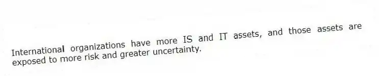 International organizations have more IS and IT assets, and those assets are exposed to more risk and greater uncertainty.