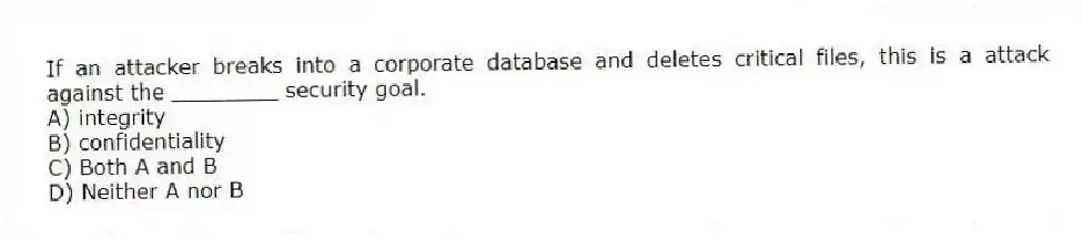 If an attacker breaks into a corporate database and deletes critical files, this is a attack against the ________ security goal.
A) integrity
B) confidentiality
C) Both A and B
D) Neither A nor B