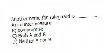 Another name for safeguard is ________.
A) countermeasure
B) compromise
C) Both A and B
D) Neither A nor B