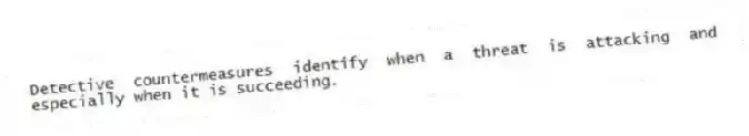 Detective countermeasures identify when a threat is attacking and especially when it is succeeding.