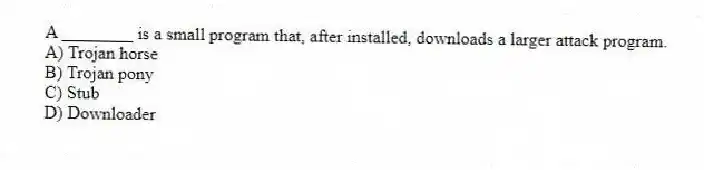 A ________ is a small program that, after installed, downloads a larger attack program.
A) Trojan horse
B) Trojan pony
C) Stub
D) Downloader