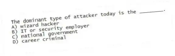 The dominant type of attacker today is the ________.
A) wizard hacker
B) IT or security employer
C) national government
D) career criminal