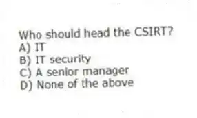 Who should head the CSIRT?
A) IT
B) IT security
C) A senior manager
D) None of the above