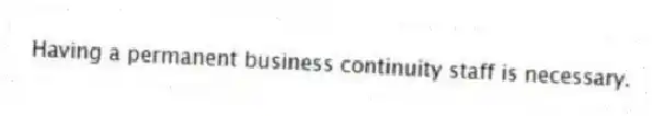 Having a permanent business continuity staff is necessary.