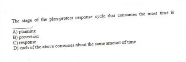 The stage of the plan-protect response cycle that consumes the most time is ________.
A) planning
B) protection
C) response
D) each of the above consumes about the same amount of time