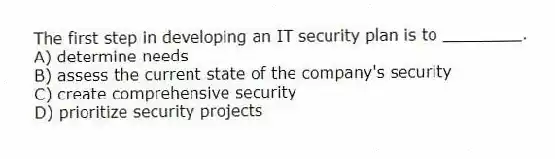 The first step in developing an IT security plan is to ________.
A) determine needs
B) assess the current state of the company's security
C) create comprehensive security
D) prioritize security projects