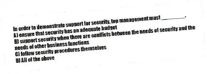 In order to demonstrate support for security, top management must ________.
A) ensure that security has an adequate budget
B) support security when there are conflicts between the needs of security and the needs of other business functions
C) follow security procedures themselves
D) All of the above