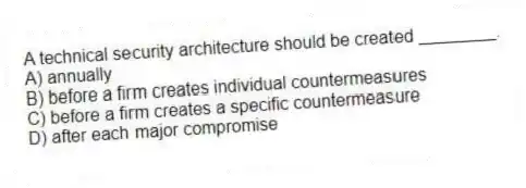 A technical security architecture should be created ________.
A) annually
B) before a firm creates individual countermeasures
C) before a firm creates a specific countermeasure
D) after each major compromise