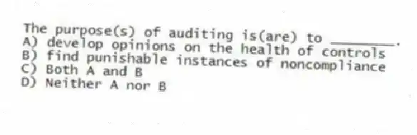 The purpose(s) of auditing is(are) to ________.
A) develop opinions on the health of controls
B) find punishable instances of noncompliance
C) Both A and B
D) Neither A nor B