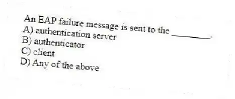 An EAP failure message is sent to the ________.
A) authentication server
B) authenticator
C) client
D) Any of the above