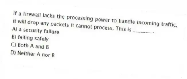 If a firewall lacks the processing power to handle incoming traffic, it will drop any packets it cannot process. This is ________.
A) a security failure
B) failing safely
C) Both A and B
D) Neither A nor B