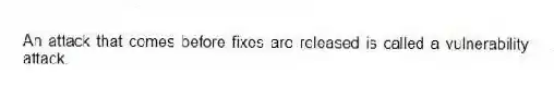 An attack that comes before fixes are released is called a vulnerability attack.