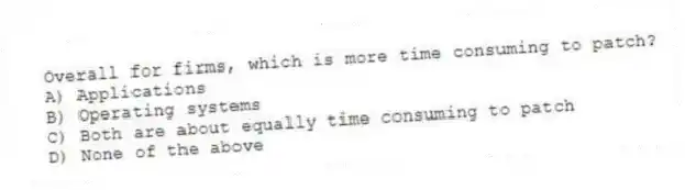 Overall for firms, which is more time consuming to patch?
A) Applications
B) Operating systems
C) Both are about equally time consuming to patch
D) None of the above