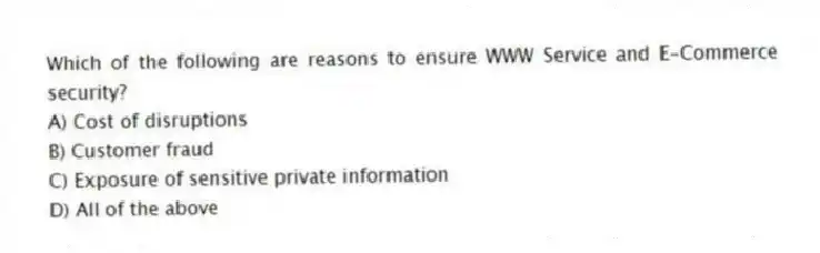 Which of the following are reasons to ensure WWW Service and E-Commerce security?
A) Cost of disruptions
B) Customer fraud
C) Exposure of sensitive private information
D) All of the above