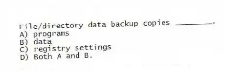 File/directory data backup copies ________.
A) programs
B) data
C) registry settings
D) Both A and B.