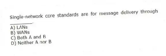 Single-network core standards are for message delivery through ________.
A) LANs
B) WANs
C) Both A and B
D) Neither A nor B