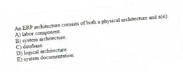 An ERP architecture consists of both a physical architecture and a(n):
A) labor component.
B) system architecture.
C) database.
D) logical architecture.
E) system documentation.