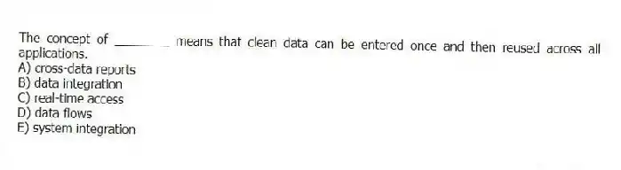 The concept of ________ means that clean data can be entered once and then reused across all applications.
A) cross-data reports
B) data integration
C) real-time access
D) data flows
E) system integration