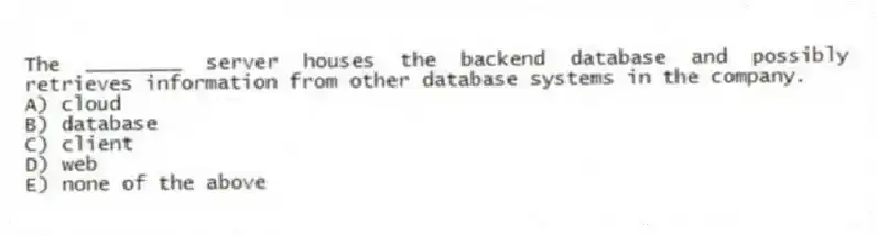 The ________ server houses the backend database and possibly retrieves information from other database systems in the company.
A) cloud
B) database
C) client
D) web
E) none of the above