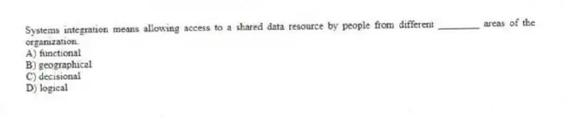 Systems integration means allowing access to a shared data resource by people from different ________ areas of the organization.
A) functional
B) geographical
C) decisional
D) logical