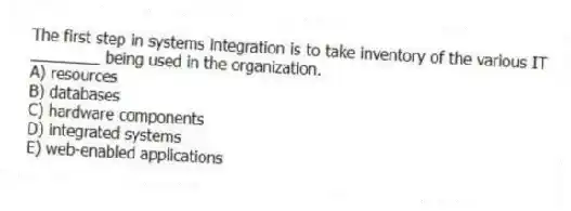 The first step in systems integration is to take inventory of the various IT ________ being used in the organization.
A) resources
B) databases
C) hardware components
D) integrated systems
E) web-enabled applications