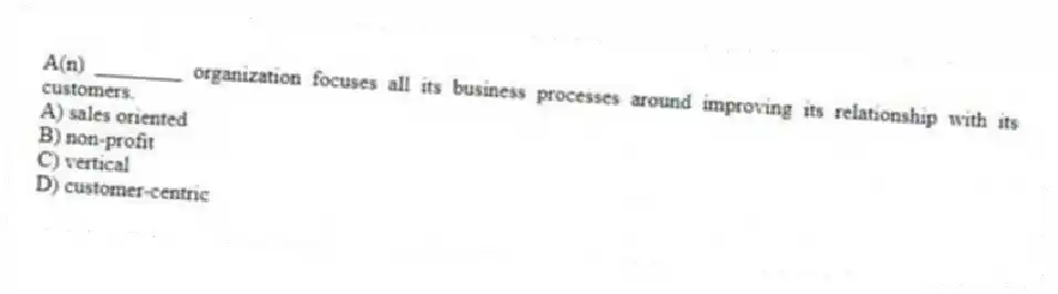 A(n) ________ organization focuses all its business processes around improving its relationship with its customers.
A) sales oriented
B) non-profit
C) vertical
D) customer-centric