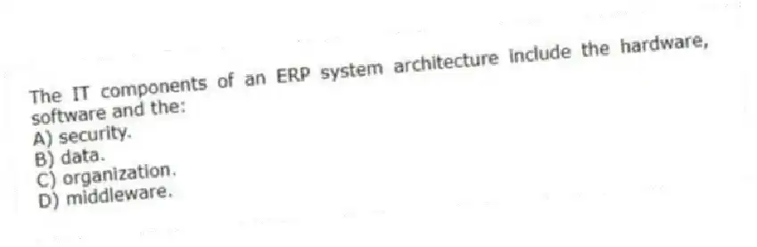 The IT components of an ERP system architecture include the hardware, software and the:
A) security.
B) data.
C) organization.
D) middleware.