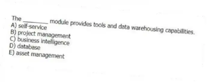 The ________ module provides tools and data warehousing capabilities.
A) self-service
B) project management
C) business intelligence
D) database
E) asset management