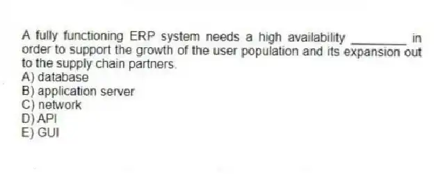 A fully functioning ERP system needs a high availability ________ in order to support the growth of the user population and its expansion out to the supply chain partners.
A) database
B) application server
C) network
D) API
E) GUI
