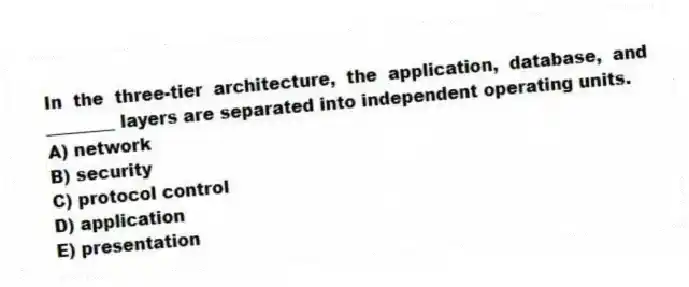 In the three-tier architecture, the application, database, and ________ layers are separated into independent operating units.
A) network
B) security
C) protocol control
D) application
E) presentation