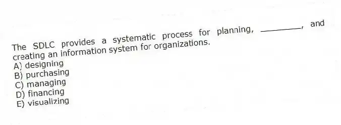 The SDLC provides a systematic process for planning, ________, and creating an information system for organizations.
A) designing
B) purchasing
C) managing
D) financing
E) visualizing