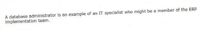A database administrator is an example of an IT specialist who might be a member of the ERP implementation team.