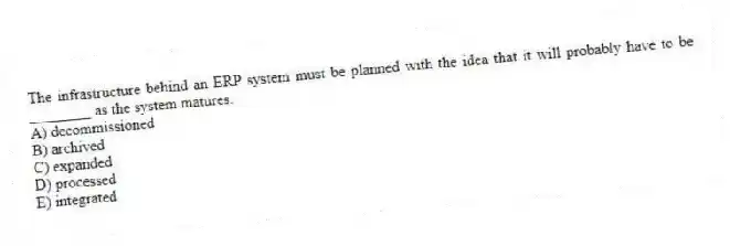 The infrastructure behind an ERP system must be planned with the idea that it will probably have to be ________ as the system matures.
A) decommissioned
B) archived
C) expanded
D) processed
E) integrated