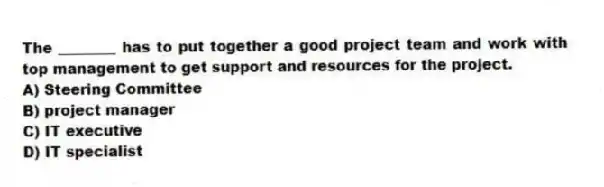 The ________ has to put together a good project team and work with top management to get support and resources for the project.
A) Steering Committee
B) project manager
C) IT executive
D) IT specialist