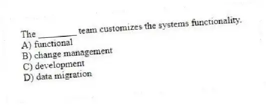 The ________ team customizes the systems functionality.
A) functional
B) change management
C) development
D) data migration