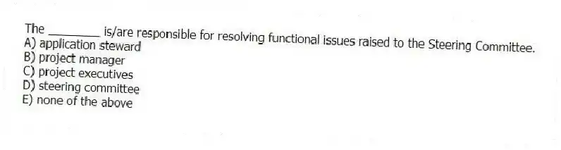 The ________ is/are responsible for resolving functional issues raised to the Steering Committee.
A) application steward
B) project manager
C) project executives
D) steering committee
E) none of the above