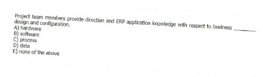 Project team members provide direction and ERP application knowledge with respect to business ________ design and configuration.
A) hardware
B) software
C) process
D) data
E) none of the above