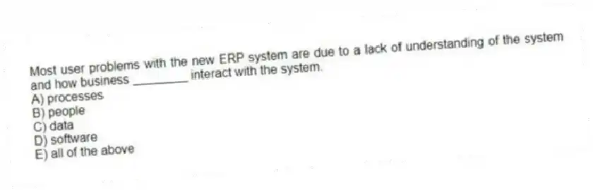 Most user problems with the new ERP system are due to a lack of understanding of the system and how business ________ interact with the system.
A) processes
B) people
C) data
D) software
E) all of the above