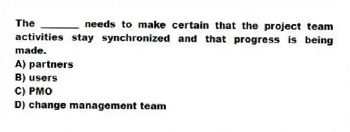 The ________ needs to make certain that the project team activities stay synchronized and that progress is being made.
A) partners
B) users
C) PMO
D) change management team
