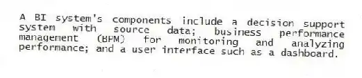 A BI system's components include a decision support system with source data; business performance management (BPM) for monitoring and analyzing performance; and a user interface such as a dashboard.