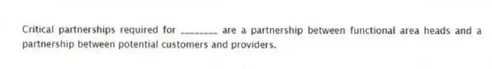 Critical partnerships required for ________ are a partnership between functional area heads and a partnership between potential customers and providers.