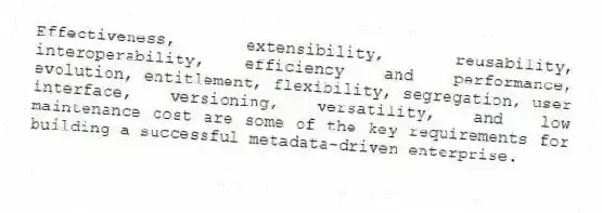 Effectiveness, extensibility, reusability, interoperability, efficiency and performance, evolution, entitlement, flexibility, segregation, user interface, versioning, versatility, and low maintenance cost are some of the key requirements for building a successful metadata-driven enterprise.