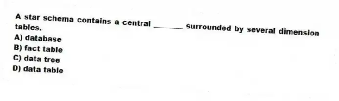 A star schema contains a central ________ surrounded by several dimension tables.
A) database
B) fact table
C) data tree
D) data table