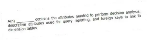 A(n) ________ contains the attributes needed to perform decision analysis, descriptive attributes used for query reporting, and foreign keys to link to dimension tables.